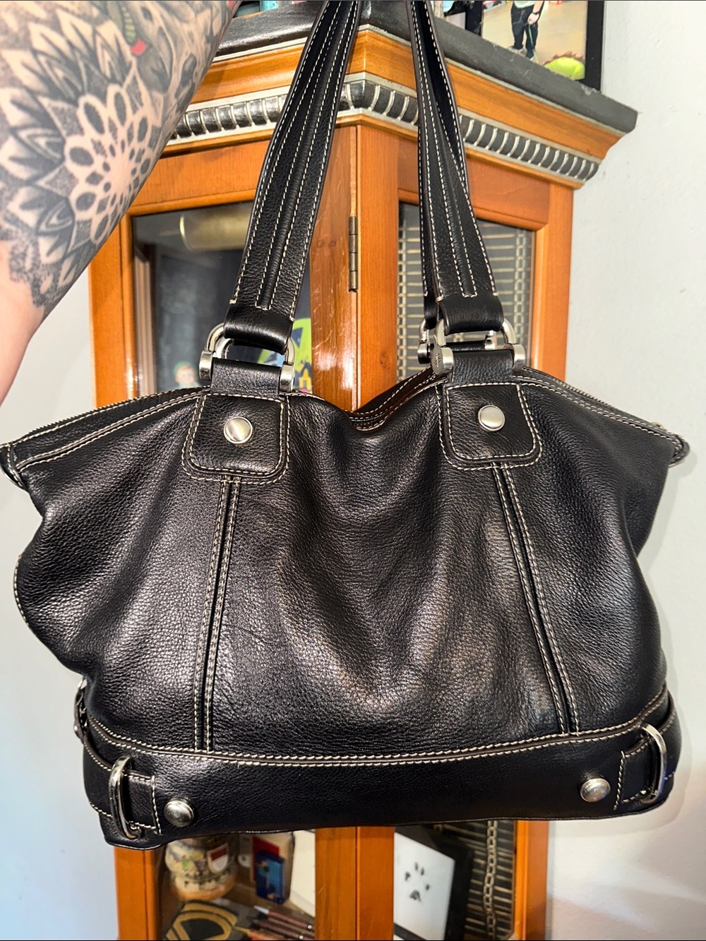 b. makowsky Black Leather Shoulder Tote with White Stitching